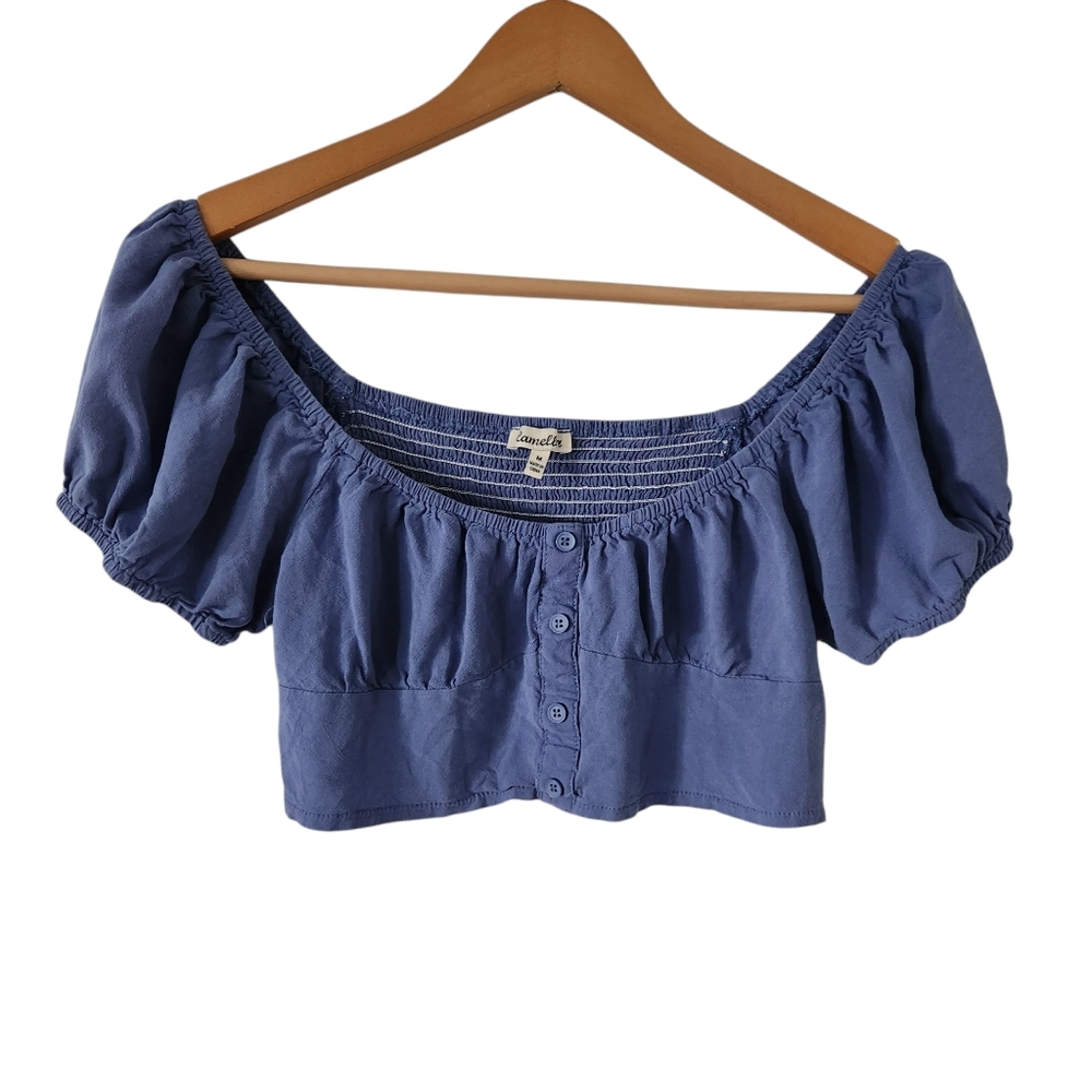 Camellia Viscose Blue Puff Sleeves Crop Top Women’s Size M